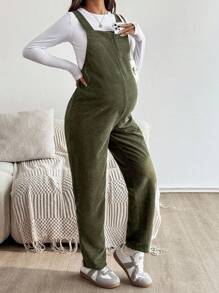 SHEIN 孕妇休闲纯色贴袋直筒连体裤 - 軍綠色 - 查看 7