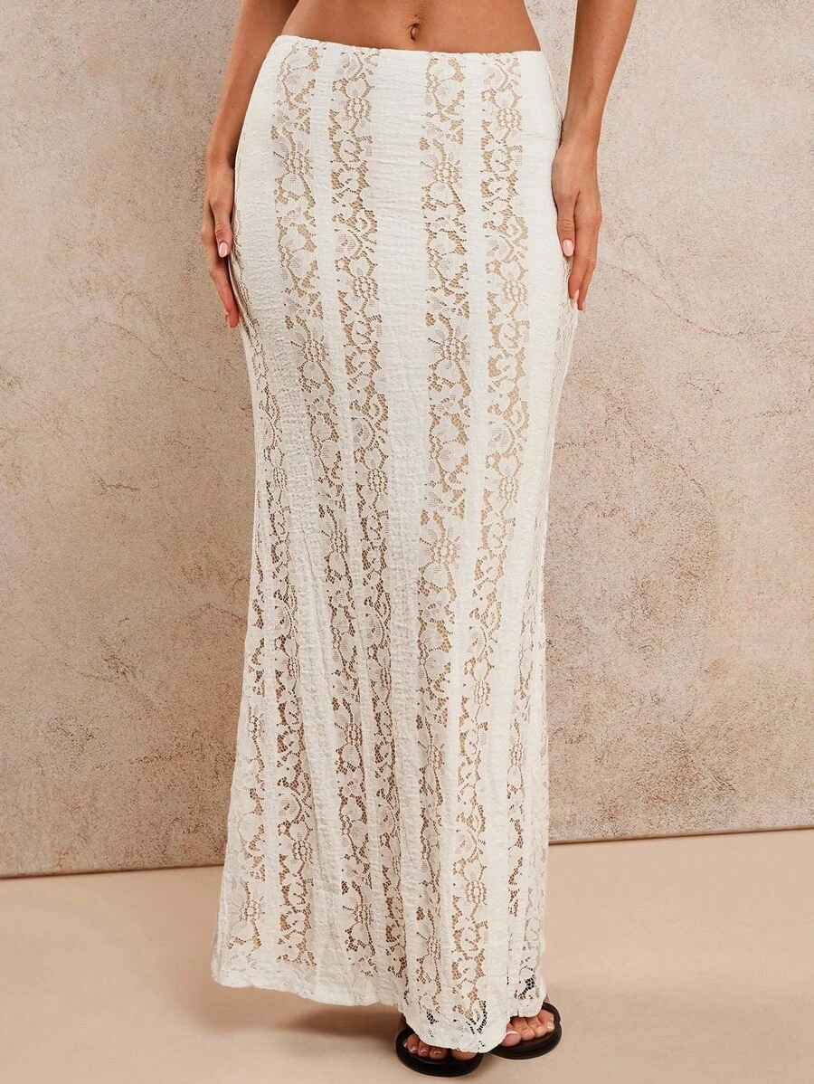 COSMINA Gonna lunga elegante in pizzo di colore unito da donna - Bianco - Visualizzare 1