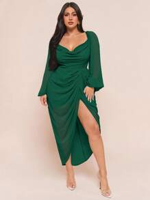 SHEIN BAE 加大码女式优雅派对约会性感亮片亮片垂坠领褶饰不对称下摆开衩长袖蕨绿色连衣裙 - 墨綠色 - 查看 5