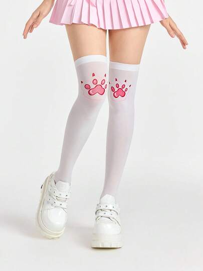Anime 1 Pair Cute Minimalist Cat Paw Pattern Thigh High Socks, Y2K College Style Solid White Knee High Socks, Super Thin And Stretchy Opaque Tights