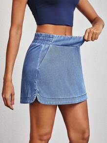 SHEIN Tall 女士休闲水洗弹力腰斜插口袋牛仔迷你裙，夏季 - 藍色 - 查看 6