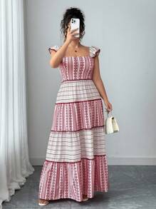 Elenzga Plus Size Women Ruffle Strap Square Neck Sleeveless Print Dress - Multicolor - View 5