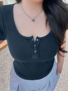 Dazy Plus Black Short Sleeve Casual Cropped T-Shirt With Wrap Front Placket - Navy Blue - View 3