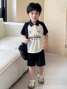 SHEIN Little Byeori 2pcs/Set Young Boys Casual Color Block Raglan Sleeve Polo Shirt And Shorts Set - Multicolor - View 5