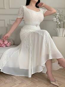 Modelyn 大码女式优雅纯色修身短袖连衣裙