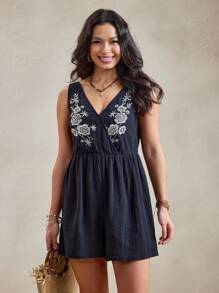 Wildy Women's Summer American Western Country Style Casual Vacation Black Embroidered Romper Western Country Concert Outfit Country Outfits Women 100 Cotton