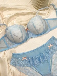 DelicateAllure Plus 2PCS Cute Baby Blue Push Up Lace Lingerie Set With Delicate Plant Pattern And Bow Accents Butterfly Lingerie Set, Lift
