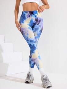 SHEIN Sports Quần legging in họa tiết tie-dye cạp cao không đường may, quần tập luyện thời trang - Nhiều màu - Xem 2