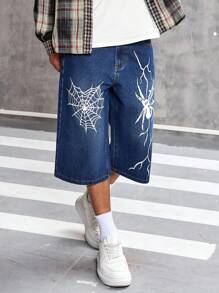 Manfinity Roughcore Men's Spider Print Pocket Loose Casual Baggy Denim Shorts - Medium Wash - View 4