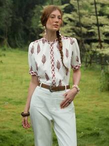 Florisole 波西米亚风刺绣短袖女衬衫，适合休闲度假和外出穿着，春夏季