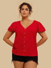 SHEIN VCAY Camisa de vacaciones con escote en V, de manga corta y de doble capa con volantes para tallas grandes