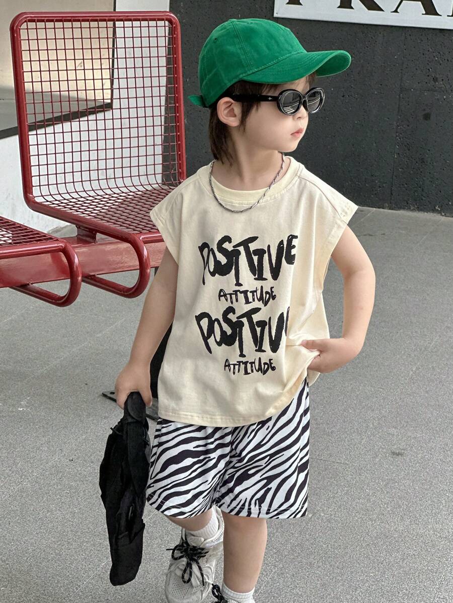 Dazy Kids Kids Fall Clothes, Young Boys Loose Sleeveless Letter Print T-Shirt And Zebra Shorts Set - White - View 1