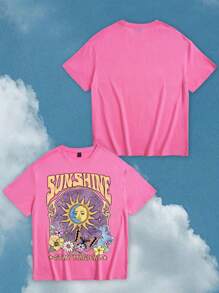 Tseoso 休闲超大圆领短袖太阳、月亮、蝴蝶和“阳光”图案 T 恤女款，适合夏季