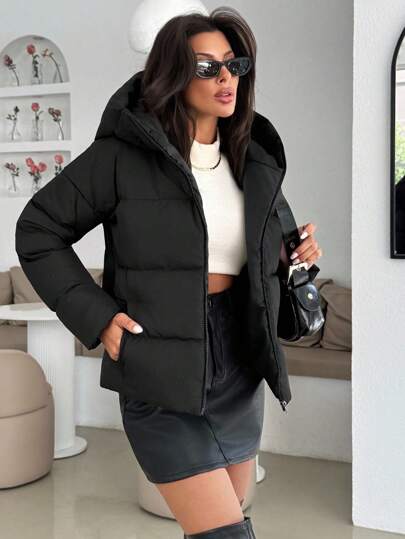 EURMUSE Padded Winter Coat With Rhinestone, Sophisticated Elegant Black Dot Details, Modern Full-Zip Front Closure, Professional Hooded Design, Luxury Quality Cropped Length, Fashionable Quilted Pattern Puffer Jacket With Hood Zip Up Puffer Jacket Black Hooded Puffer Jacket Black Puffer Jacket Women Puffer Coat Women Winter Jacket Women Black Zip Up Jacket Women Womens Hooded Puffer Jacket Womens Black Puffer Jacket