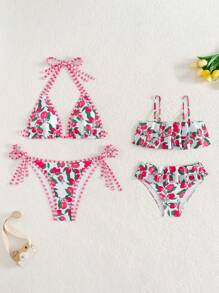 SHEIN 小女孩三件套泳衣套装，荷叶边三角形泳裤，甜美草莓水果印花，可调节肩带，弹性面料，夏季 - 彩色 - 查看 2