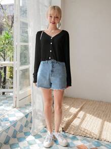 DAZY Solid Color V-Neck Slim Fit Short Crop Top Long Sleeve T-Shirt Summer - Black - View 3