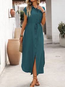 SHEIN LUNE Váy sơ mi đơn sắc thường ngày/đi làm cho nữ mùa xuân và mùa hè, cổ nhọn hở chính giữa phía trước, túi ngực trái, dáng rộng có thắt lưng, nơ, viền cao thấp có xẻ tà bên hông, vai trễ - Màu xanh ngọc - Xem 7