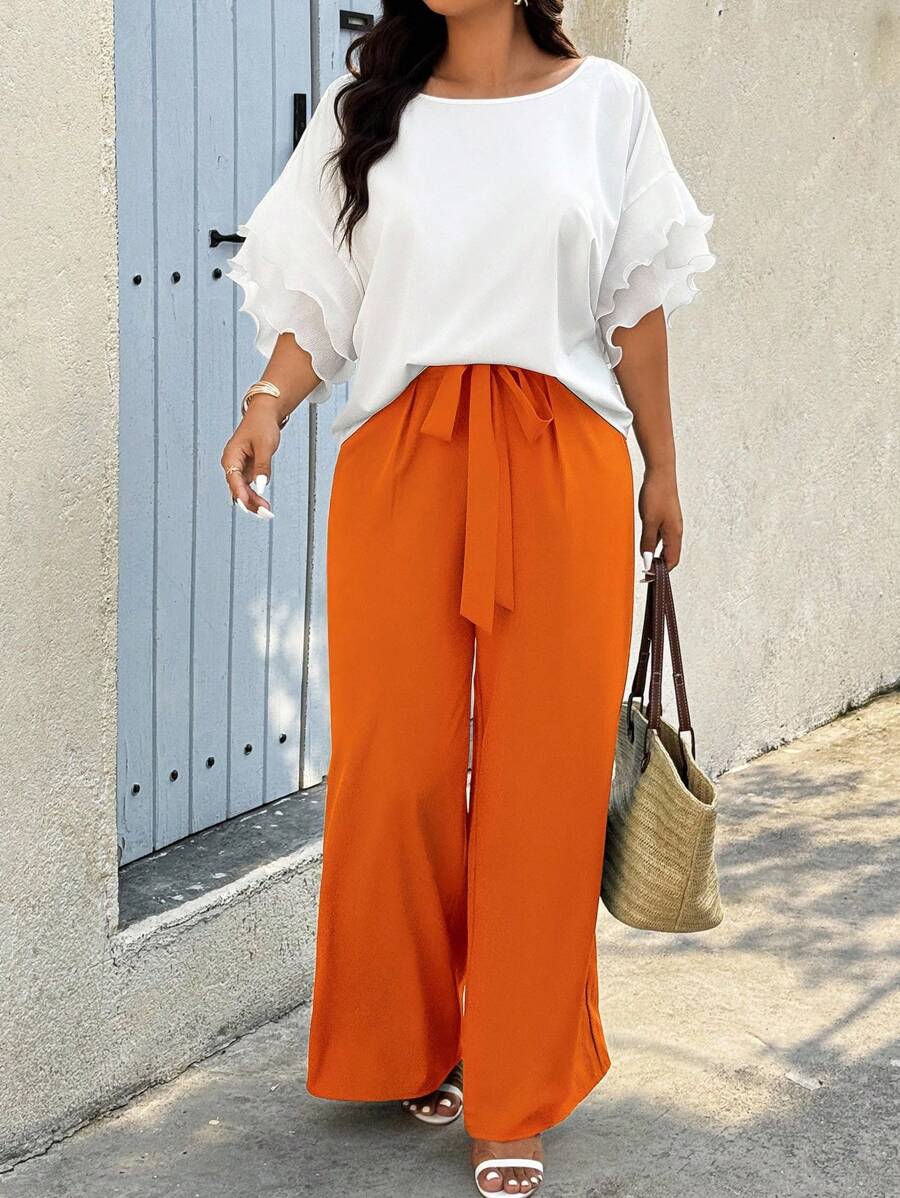 Calvaya Plus Size Simple Casual Solid Color Loose Top And Wide Leg Pants 2 Pieces Set - Orange - View 1