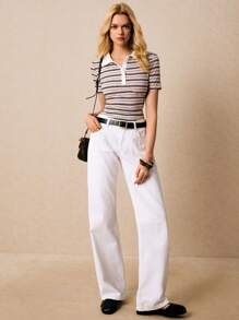 Poéselle Women Striped Polo Neck Short Sleeve Casual Versatile T-Shirt