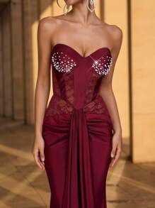Glamrae Elegante, lujoso y sexy vestido largo de gasa con parche de encaje elástico, drapeado, de estilo sirena, adecuado para boda, fiesta, discoteca, vacaciones, vestido de gala (de gran resistencia) - Burdeos - Ver 4