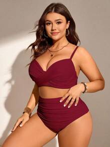 Swim Chiccia 大码女式两件套纯色加厚时尚简约分体泳衣套装 - 酒紅色 - 查看 3