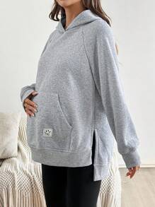 SHEIN بلوزة هودي للحوامل بجيب جانبي وبلون أحادي - رمادي - مشاهدة 3