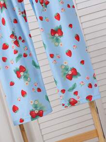 青少年女孩蓝色基础简约时尚红色草莓印花吊带背心和长裤舒适两件套睡衣套装