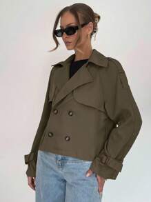 Siren Gaze Women's Button-Up Belted Trench Coat With Raglan Sleeves In Fall/Winter Green Casual Christmas - Olive Green - View 4