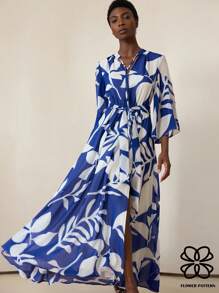 SHEIN Privé Elegant Romantic Vacation Blue & White Porcelain Floral Chiffon Tie Neck Waist Belt Women's 3/4 Sleeve Dress - Blue and White - View 3