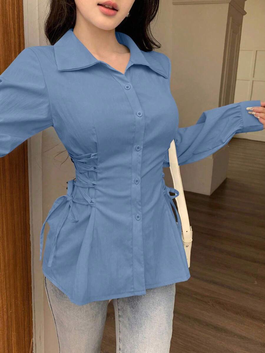 Modelyn Lace-Up Front Button Decor Fashion Long Sleeve Shirt Fall Cloth For Women