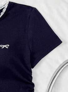 Teen Girl Knitted Round Neck Bow Contrast Color Embroidered Side Waist Gathered Design Short-Sleeved T-Shirt, Summer - Navy Blue - View 6