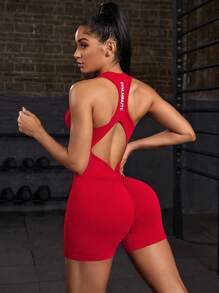 Easithlete Bộ đồ liền thân thể thao thể thao hở lưng in chữ dành cho nữ - Đỏ - Xem 6