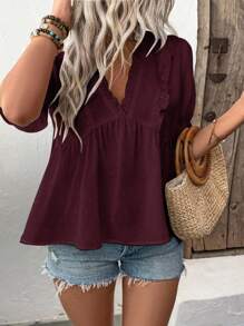 Auvina Women's 3D Laser Cut V-Neck Puff Sleeve Blouse - Burgundy - View 5