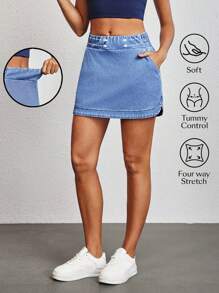 SHEIN Tall 女士休闲水洗弹力腰斜插口袋牛仔迷你裙，夏季 - 藍色 - 查看 3