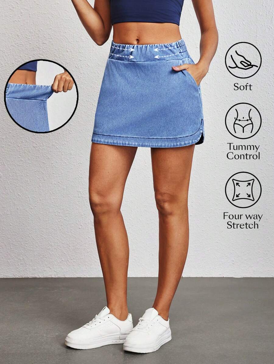 Flexra 女式纯色松紧腰口袋牛仔迷你裙 - 藍色 - 查看 1