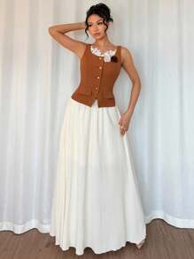 Franclia 2pcs/Set Ruffle Trim Fitted Sleeveless Tank Top And Floral Embroidery Mini Skirt, Casual Outfit - Brown - View 8