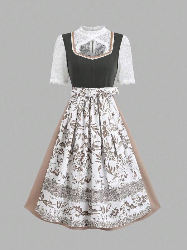 Fairmaia Ensemble traditionnel allemand pour femmes 2 pièces, Dirndl, avec un motif floral vintage élégant en patchwork de dentelle