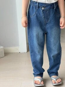 SHEIN Young Girl 4-Piece Set Barrel Baggy Jeans, Asymmetric Elastic Waistband, Button Closure, Casual Simple All-Match College Style, Versatile Must-Have For Moms All Year Round - Multicolor - View 7