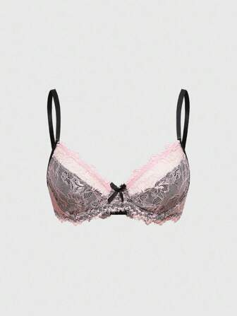 Goth Women's Romantic Contrast Lace Underwire Bra Top With Bow Decor