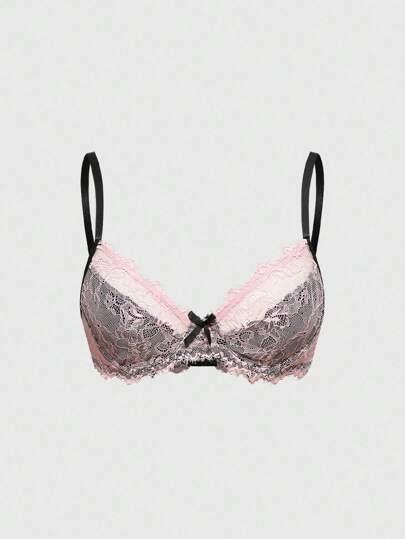 Goth Soutien-gorge avec armatures à nœud décoratif et dentelle contrastée, romantique pour femme