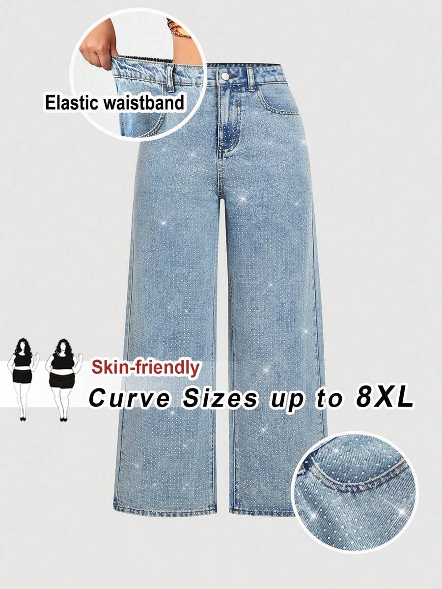 SHEIN CURVE+ Plus-Size Jeans BLINGBLING Diamond-Embellished Wide-Leg Pants Fashionable And Casual Wear - Light Wash - View 1