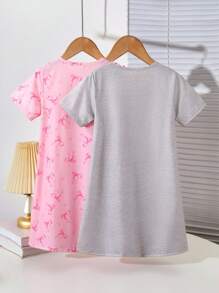 4pcs/Pack Tween Girls Minimalist Butterfly Print Round Neck Short Sleeve Long Nightgown Loungewear, Black And Pink Clothes For Girls 10,Children's Girls' Pajamas,Back To School - Multicolor - View 2