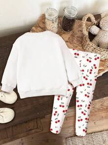 SHEIN 2 件套可爱樱桃印花，可爱樱桃女孩图案圆领长袖运动衫和紧身裤套装，时尚休闲儿童秋冬装 - 彩色 - 查看 2