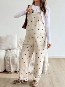 SHEIN 孕妇休闲全身心印花可调节腰部和背部支撑连体裤 - 杏色 - 查看 5