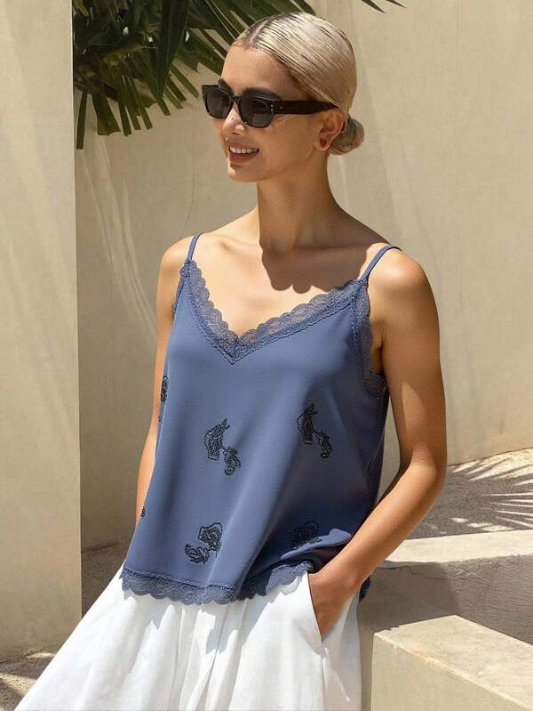 DAZY Summer Casual Vacation Style Floral All-Over Print Rhinestone Sequin Satin Satin Hollow Lace Patchwork Women Camisole