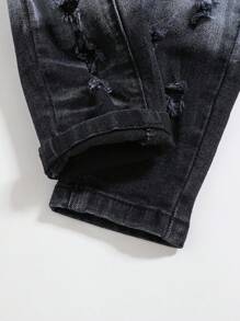 SHEIN Quần jeans đen co giãn cao cấp, bạc màu, rách tua rua thời trang cho bé trai, thích hợp mặc ngoài trời và hàng ngày vào mùa thu/đông. - màu đen - Xem 5