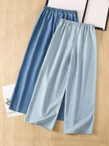 SHEIN 少女两件套夏季浅色水洗抽绳腰阔腿休闲牛仔裤，适合日常穿着，夏季弹力腰带舒适阔腿裤，夏季海滩波西米亚风度假休闲装，锐舞音乐会音乐节适用，浅/中/深蓝色牛仔休闲裤，纯色牛仔裤，舒适宽松牛仔裤 - 彩色 - 查看 2