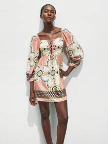 Maija Đầm thường ngày thanh lịch cho kỳ nghỉ hè với thiết kế họa tiết Totem & hoa thời trang dành cho nữ, cổ khoét sâu, tay bồng, chân váy chữ A, trang phục đi biển theo phong cách Boho, phù hợp cho lễ hội âm nhạc, phong cách đồng quê - Nhiều màu - Xem 6