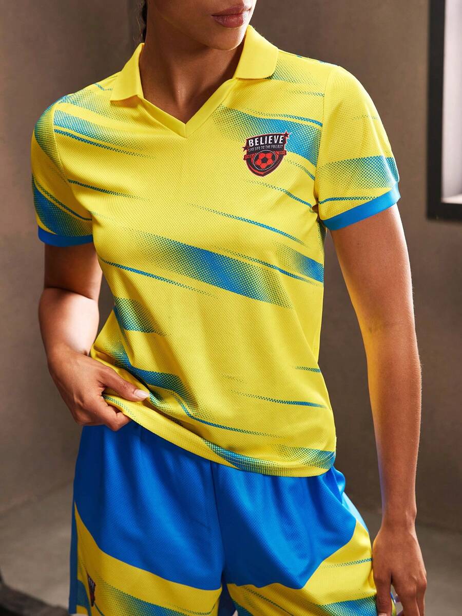 Powerista Women's Letter Print Short Sleeve Casual Fitness Sports Polo Shirt - Blue - View 1