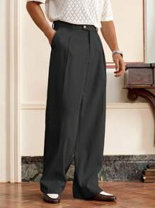 SWAVVY 男士梭织休闲宽松纯色松紧腰直筒裤，秋季 - 深灰色 - 查看 6